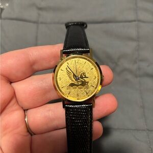 VINTAGE WITTENAUER Pegasus Gold Tone Black Leather Women’s Watch